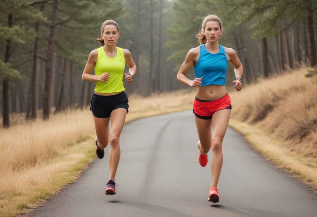 A runner strides confidently along a scenic path, sunlight dappling through the trees. Their posture is strong and their expression determined, showcasing the power of built endurance.