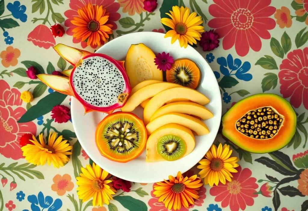 Close-up of a person tasting dragon fruit, with a focus on the bright pink skin and the juicy, refreshing flavor that combines hints of kiwi and pear.