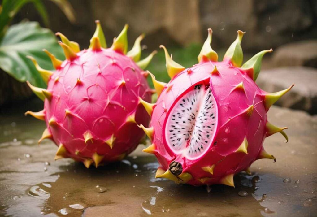 Sliced dragon fruit with white flesh and black seeds, showing the fresh, mildly sweet, and slightly tangy taste of the fruit.