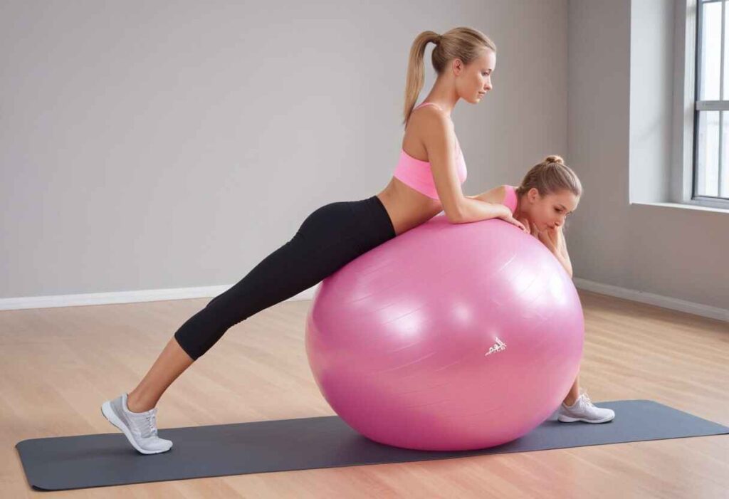 Person sitting on an exercise ball chair, maintaining good posture and engaging core muscles, representing the health and productivity benefits of using an exercise ball as a chair.