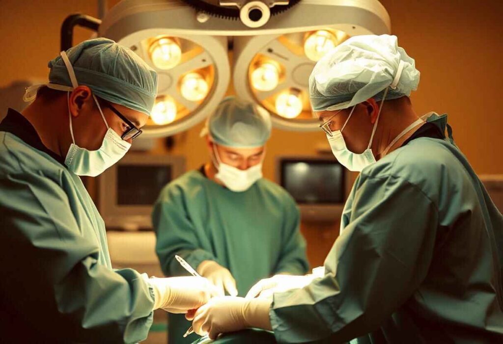 A surgeon performing gallbladder surgery, showing the removal of the gallbladder through a minimally invasive laparoscopic procedure.