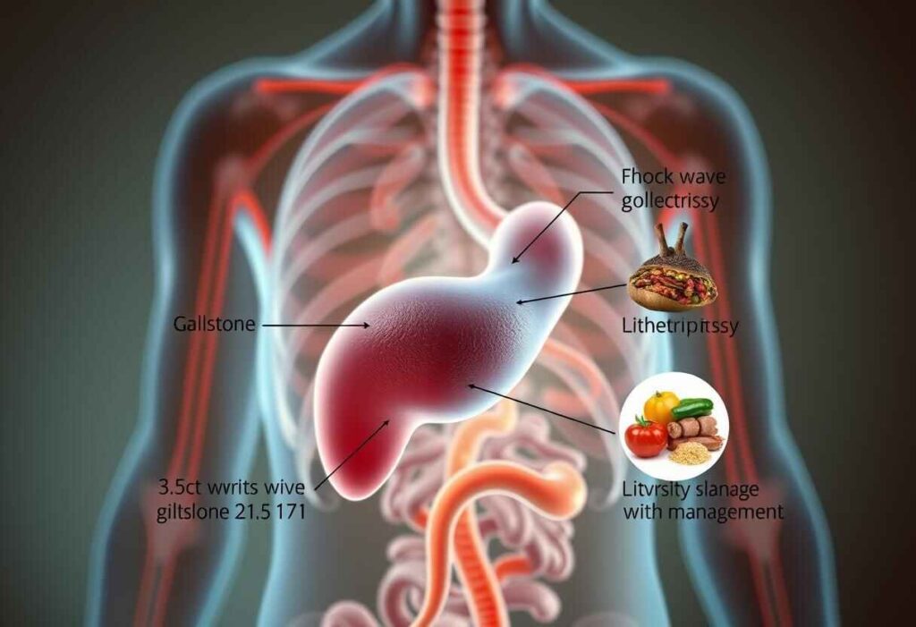 Medical illustration showing various treatment options for a 2.5 cm gallstone, including medication, lithotripsy, and surgical removal (cholecystectomy).