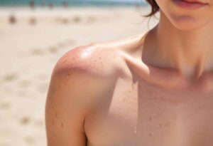 Close-up view of an itchy red rash on the skin caused by sun exposure.