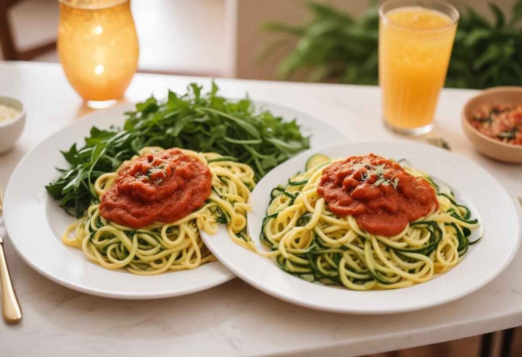 A person preparing a meal with fresh ingredients on a kitchen counter, accompanied by a notepad listing a low-calorie meal plan. The image highlights the importance of planning and balanced nutrition in a low-calorie diet.