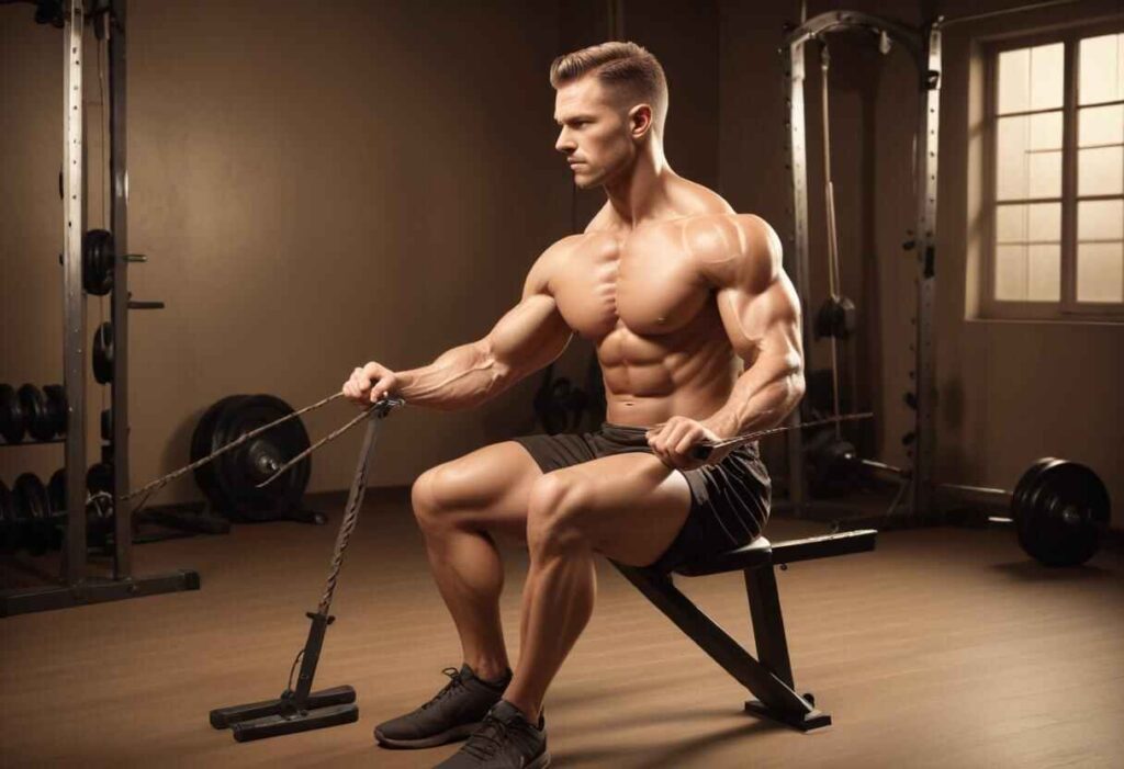 Person demonstrating proper form for the seated cable row exercise, with feet secured on the footplate and hands gripping the handle, pulling towards the torso.