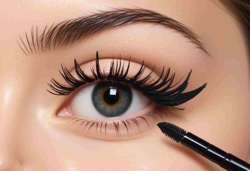 Close-up of a woman's eye with mascara being applied, showcasing the beauty enhancement process.